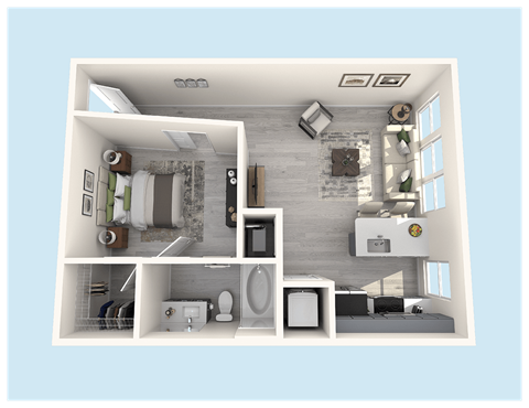 Floor plan for studio, 1 bath, 707 sqft